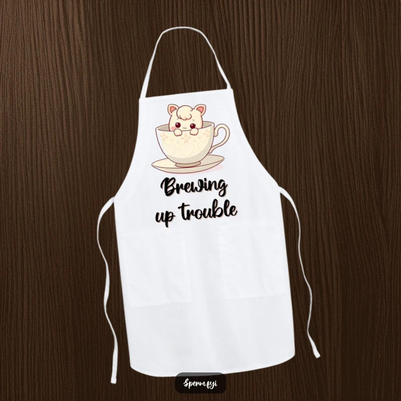 Funny curious character peeking out from inside a giant teacup, ideal for a humorous kitchen apron.