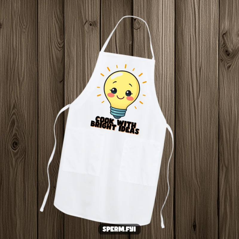 Funny apron with a smiling lightbulb character symbolizing a bright idea, ideal for kitchen creativity.