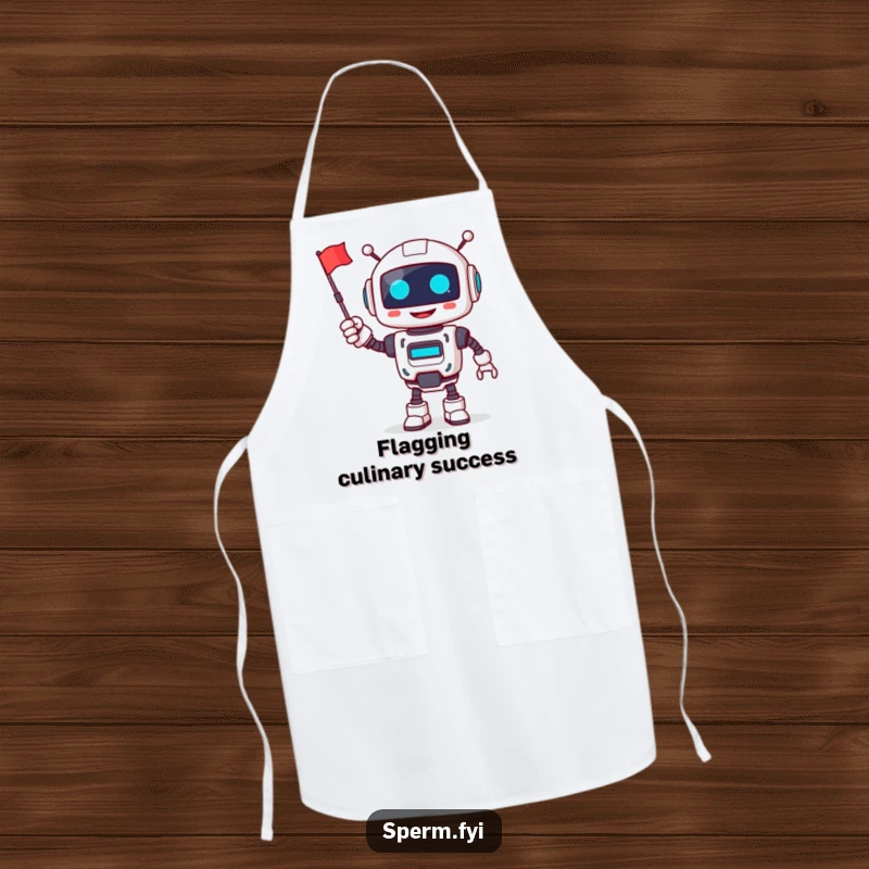 Funny robot apron, smiling, cheerfully waving a tiny flag, perfect for humorous and cheerful cooking.