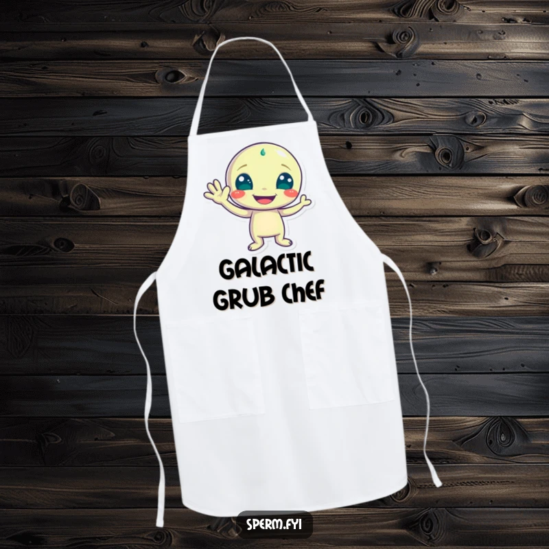 Funny apron with a playful alien character waving with a wide grin, bringing extraterrestrial fun to the kitchen.