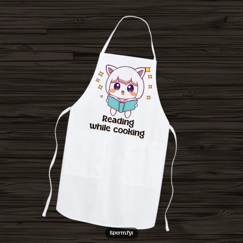 Funny surprised character with stars around its head, looking at a floating book, ideal for a humorous apron.