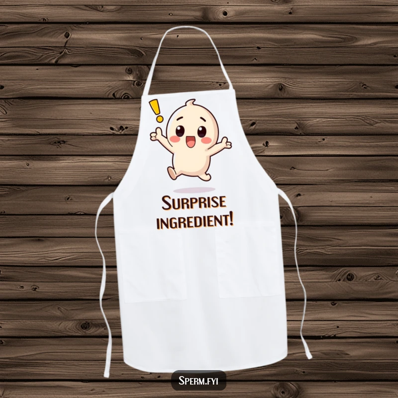 Funny kawaii exclamation point character jumping with surprise while wearing a chef's hat on an apron.