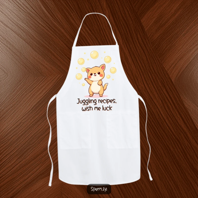 Funny Kawaii animal apron showing a cheerful creature juggling glowing orbs, designed for kitchen fun and mess protection.
