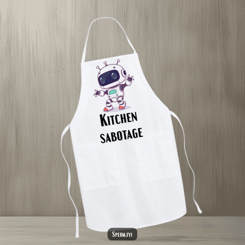 Funny Kawaii robot comically tripping over its own feet, printed on a practical apron for hilarious kitchen mishaps and cooking fun.