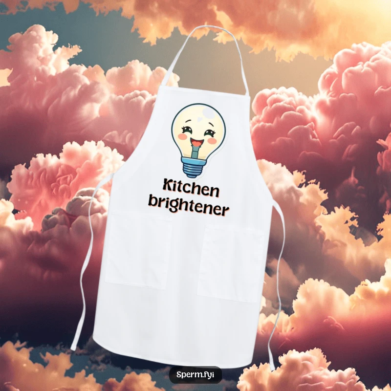 Funny apron with a delighted lightbulb character glowing brightly, perfect for bringing bright ideas to the kitchen.