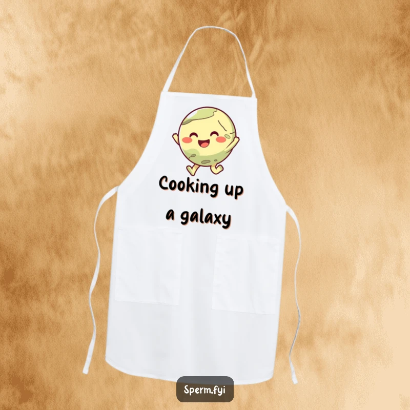 Funny kitchen apron featuring a cute planet character doing a joyful little hop, perfect for humorous cooking.