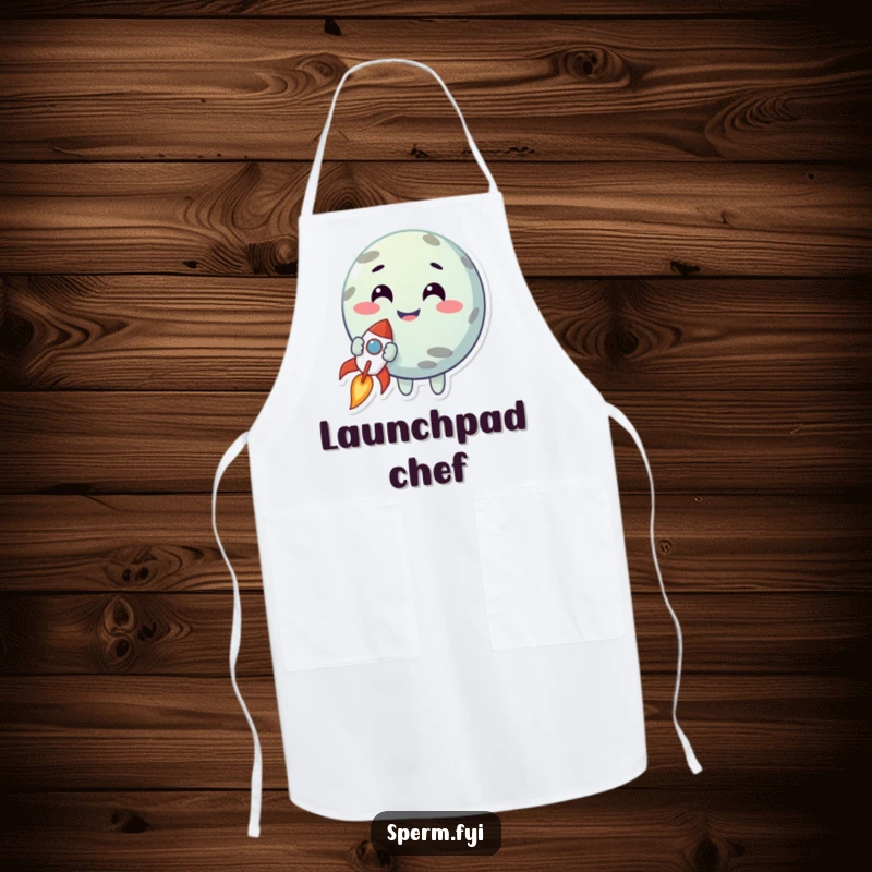 Funny apron with a smiling planet character holding a tiny rocket, adding humor and inspiration to kitchen activities.