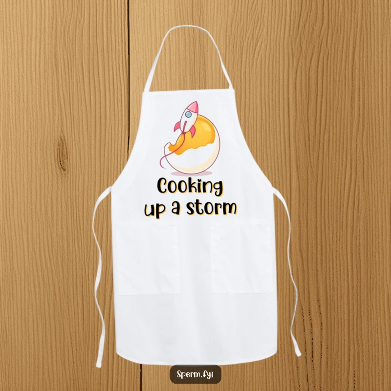 Funny rocket sperm chef apron, sperm shaped like a rocket blasting off a giant egg yolk.