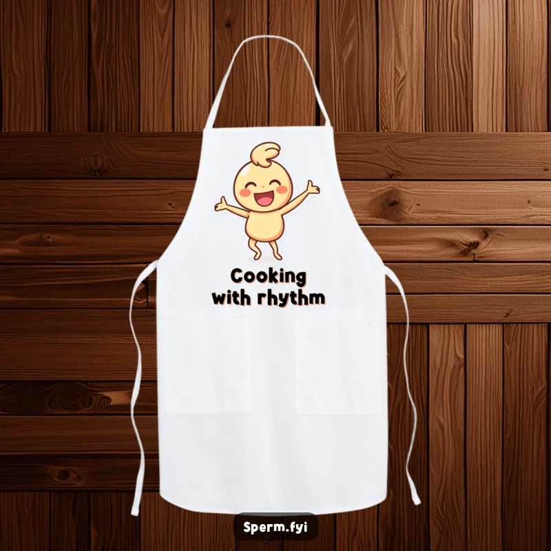 Funny kitchen apron featuring a happy smiley face character performing a silly dance, perfect for humorous cooks.