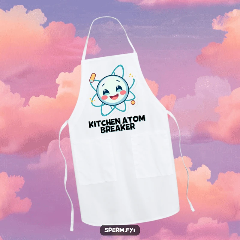 Funny apron showing a smiling atom character spinning energetically, perfect for humorous kitchen activities and gifting.