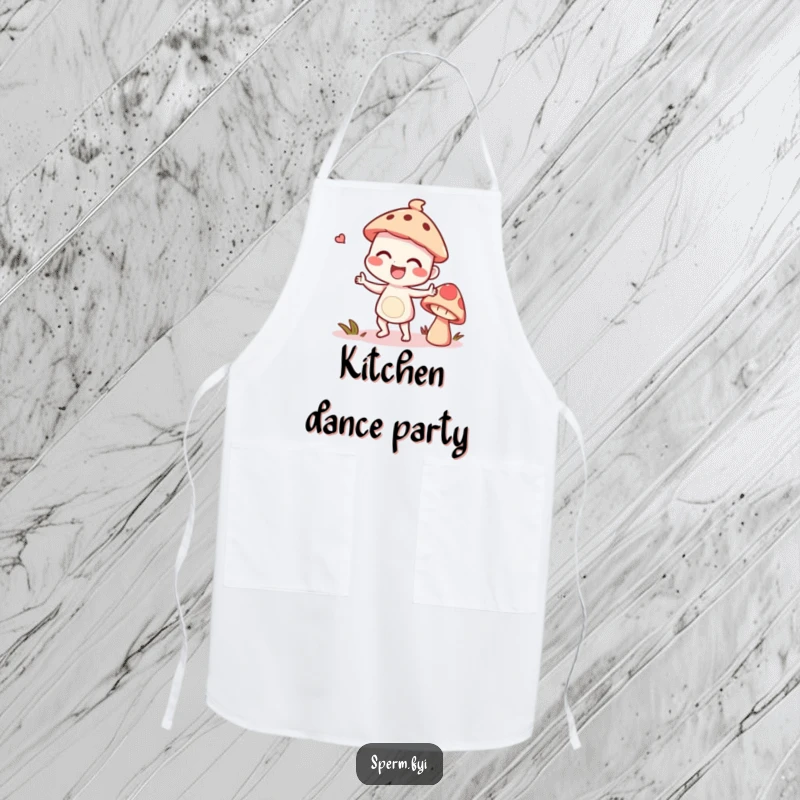 Funny giggling character doing a silly dance with a talking mushroom, ideal for a humorous apron.