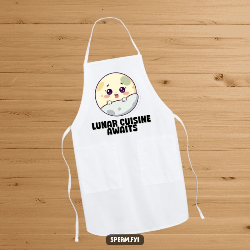 Funny apron with a surprised little moon character peeking from behind a planet, ideal for a humorous cooking experience.