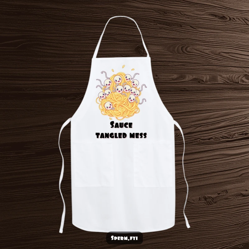 Funny kitchen apron showing sperm characters comically tangled in a giant spaghetti noodle, ideal for adventurous cooks.