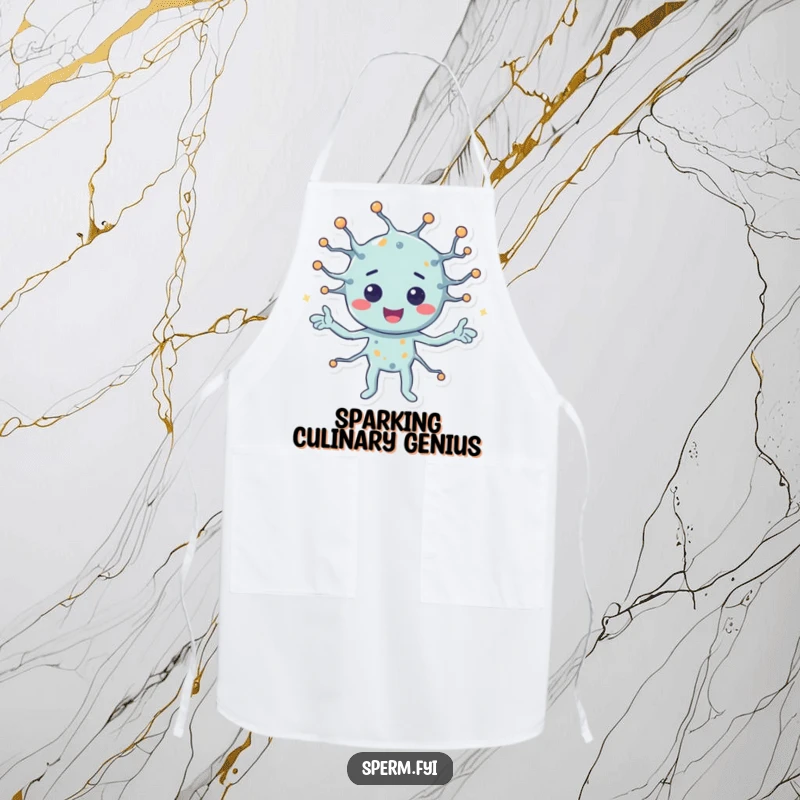 Funny apron with a happy neuron character sending signals, perfect for chefs and cooks who love brain humor.