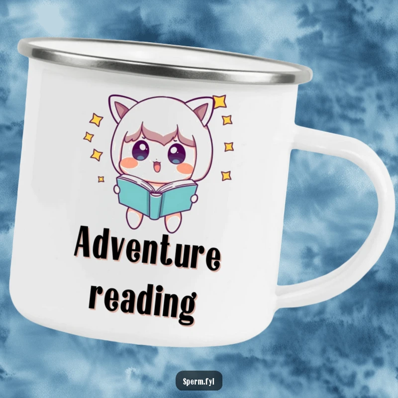 Funny surprised character with stars around its head, looking at a floating book, perfect for a humorous camping mug.