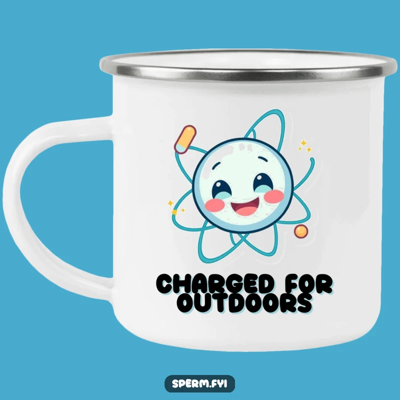 Funny Smiling Atom Spin Camp Mug - Durable & Energetic Outdoor Buddy