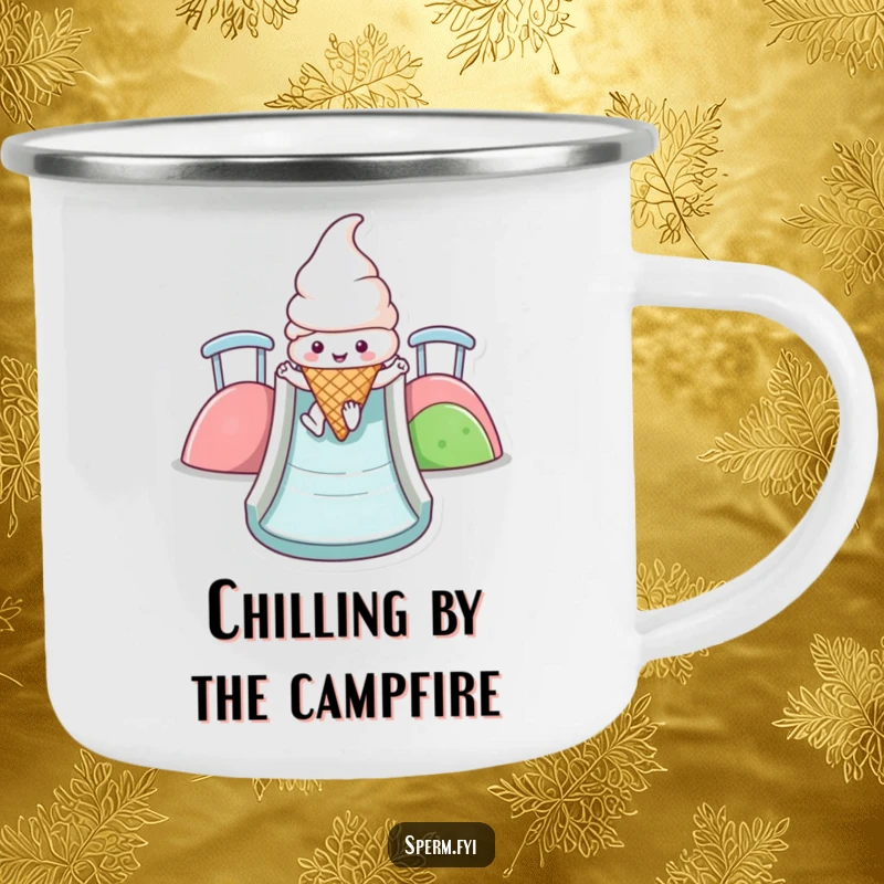 Funny Kawaii ice cream cone camping mug showing a happy character sliding down a colorful slide, perfect for outdoor treats.