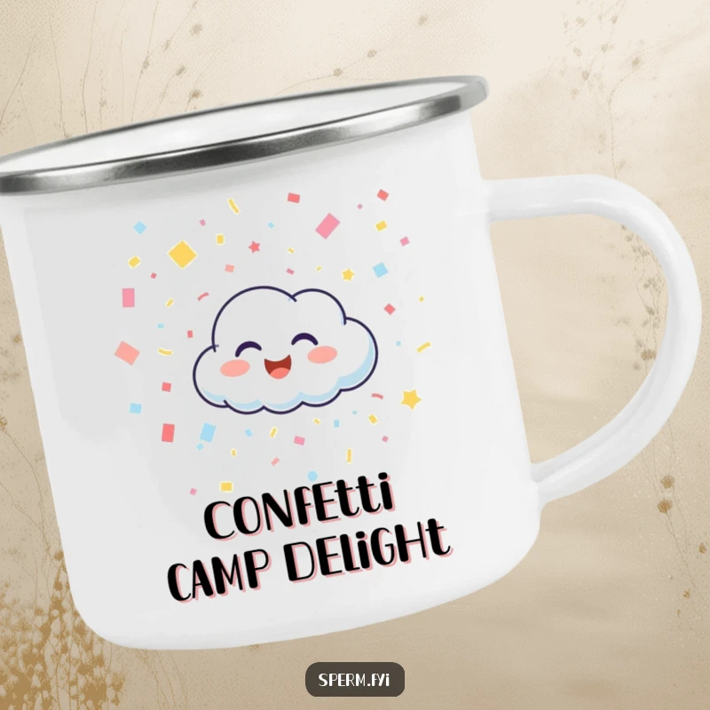 Funny, durable camping mug with a happy cloud character giggling and raining confetti, perfect for humorous outdoor enjoyment.