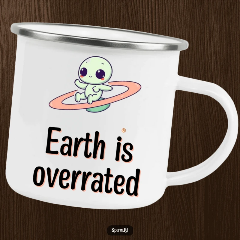 Funny Kawaii alien zipping around a spinning planet, designed for outdoor enjoyment on a durable camping mug, bringing smiles.