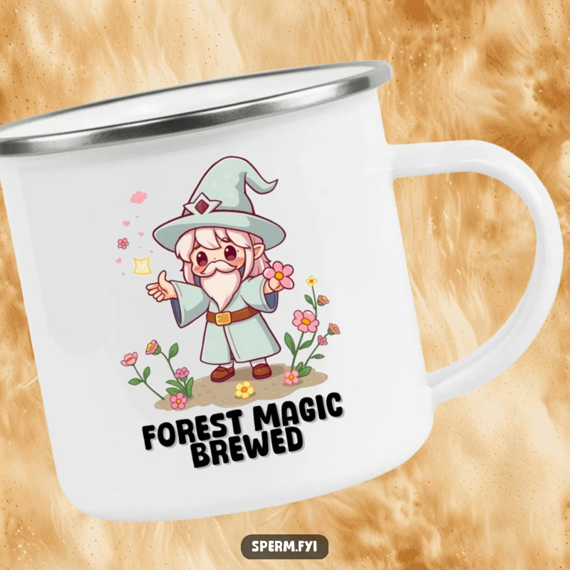 Funny Kawaii wizard camping mug casting a spell for instant flowers, for outdoor magic and as a funny gift.