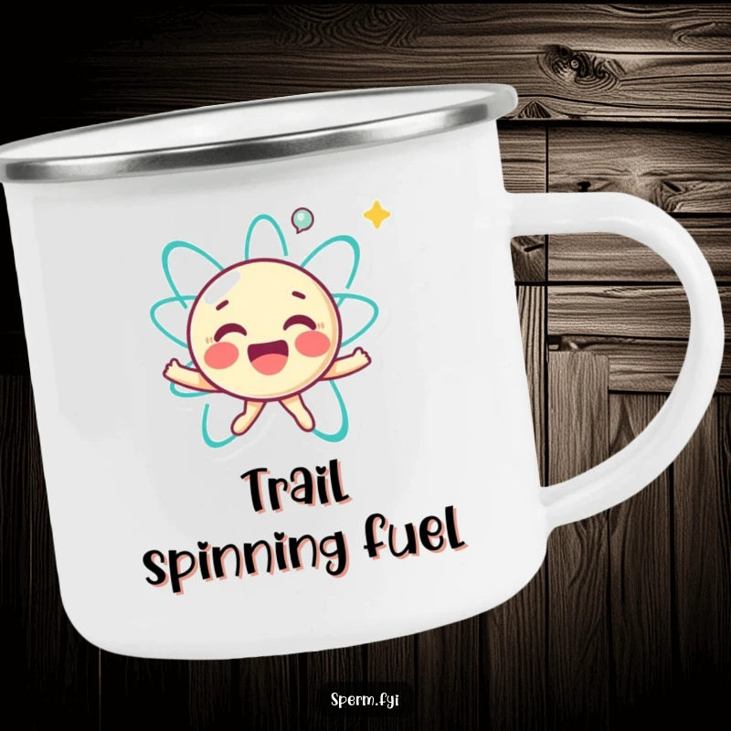 Funny camping mug with a joyful little atom character happily spinning, ideal for enjoying drinks during outdoor adventures.