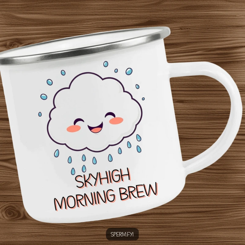 Funny camping mug featuring a giggling cloud character sprinkling joyful raindrops, perfect for humorous outdoor enjoyment.