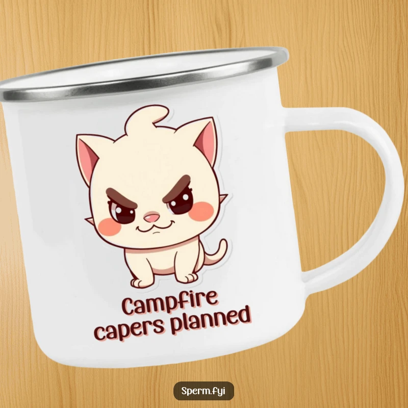 Funny Camping Mug: A mischievous character with a sly, playful grin, perfect for outdoor trips.