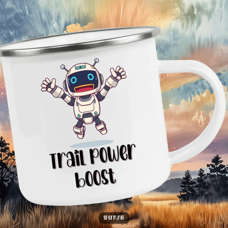 Funny robot camping mug of an excited character jumping with arms outstretched, full of adventurous spirit.