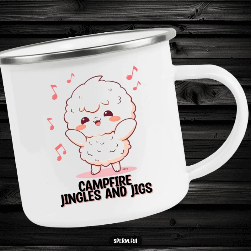 Funny Kawaii character camping mug showing a happy dancer with musical notes, perfect for outdoor tunes.