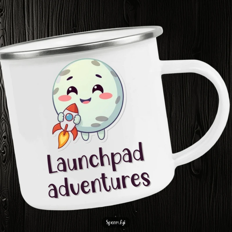 Funny camping mug featuring a smiling planet character holding a tiny rocket, perfect for enjoying drinks outdoors with a sense of wonder.