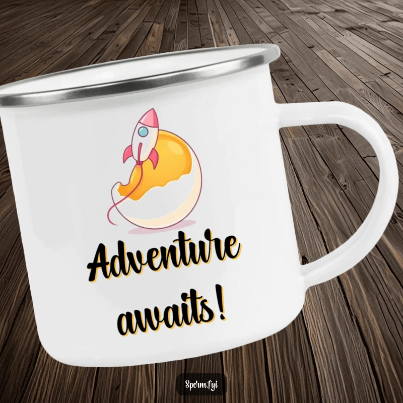 Funny rocket sperm camping mug, sperm styled as a rocket launching from a giant egg yolk.