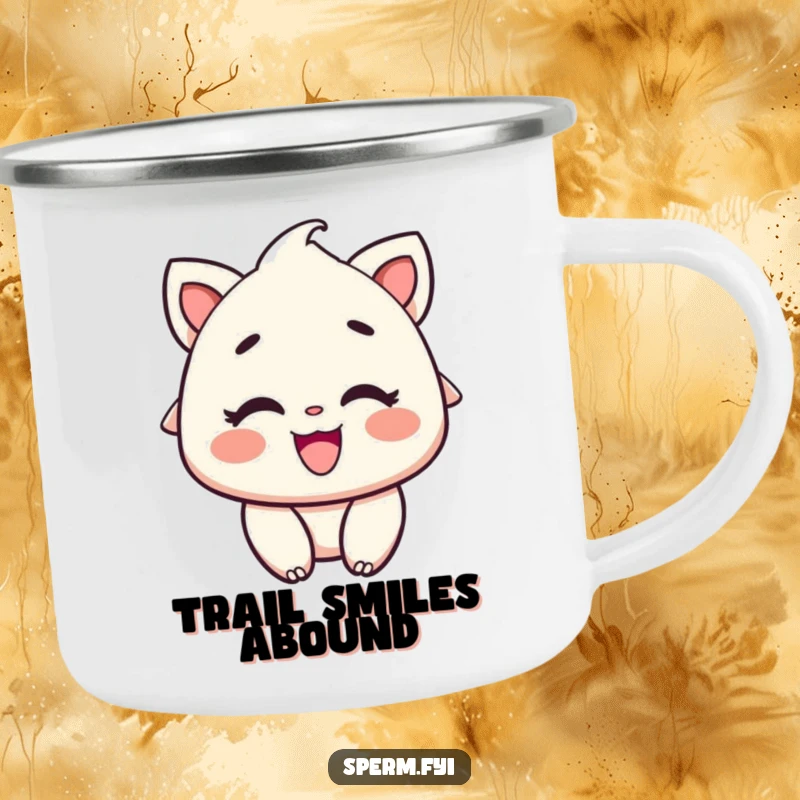 Funny Camping Mug: A delighted character with rosy cheeks and a huge smile, ideal for outdoor adventures.
