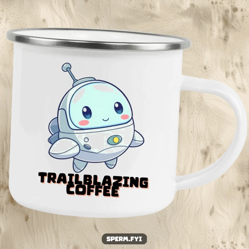 Funny camping mug with a bouncing little spaceship character with a determined look, ideal for enjoying drinks during outdoor adventures.