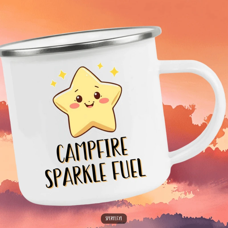 Funny camping mug with a tiny smiling star character twinkling enthusiastically, designed for humorous outdoor enjoyment.