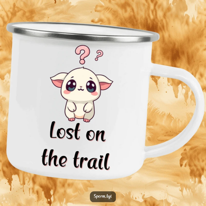 Funny Kawaii Creature Camping Mug: A Kawaii creature with wide eyes looks surprised at a question mark, perfect for funny, curious outdoor moments.