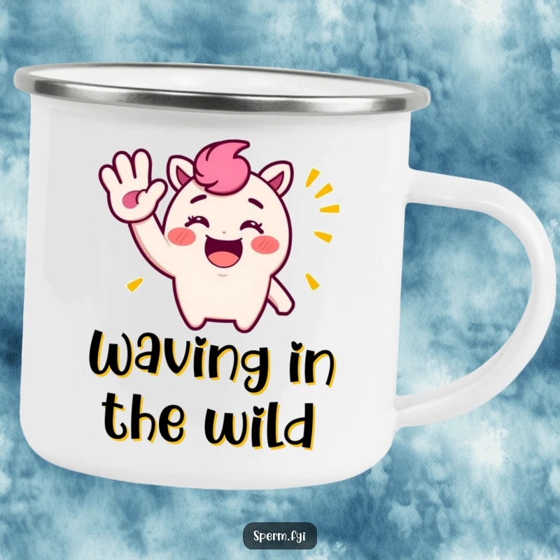 Funny Camping Mug: A happy character giving a big, silly, exaggerated wave, perfect for outdoor trips.