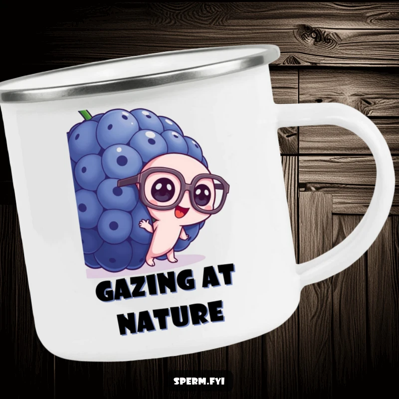 Funny sperm camping mug, wearing oversized glasses, peeking from behind a giant blueberry.
