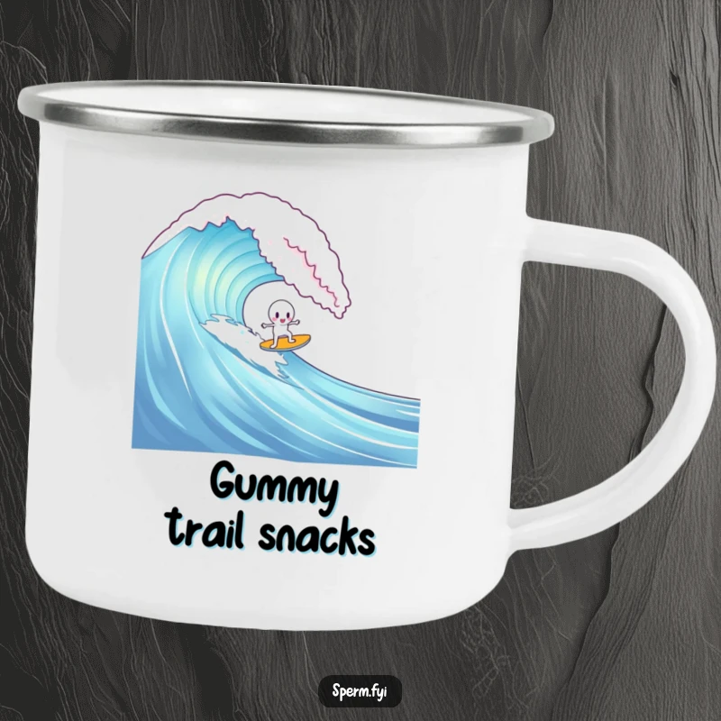 Funny enamel camping mug with a sperm character attempting to surf a giant gummy bear wave, perfect for outdoor fun.