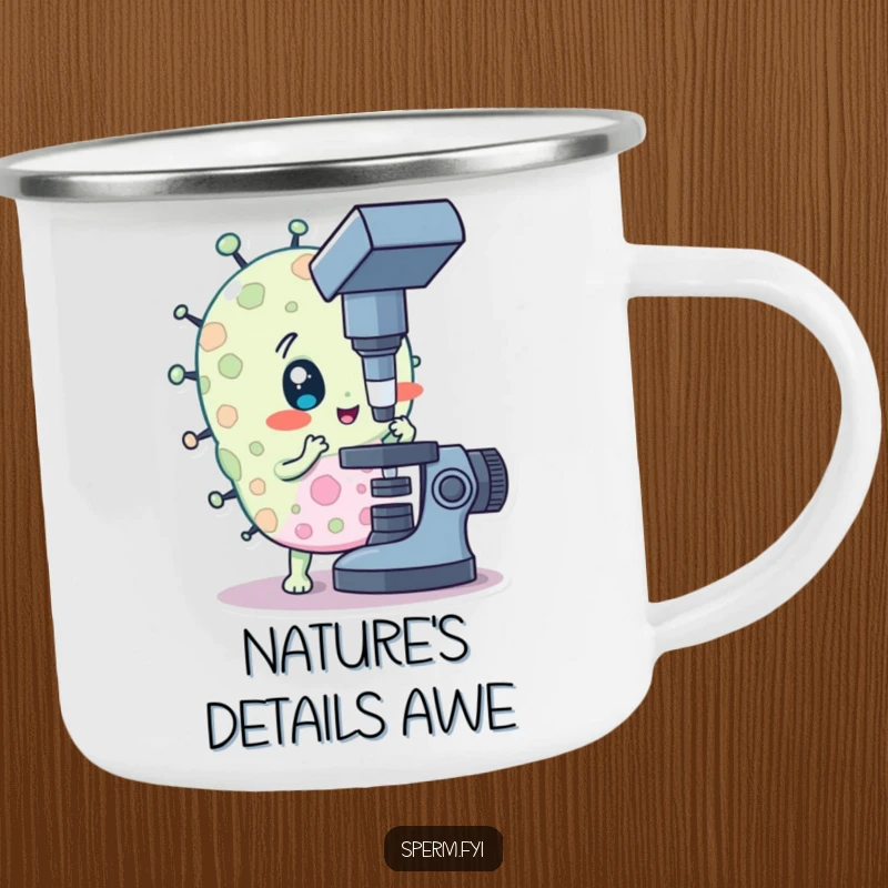 Funny camping mug featuring a curious bacteria character with a microscope, perfect for outdoor explorers.