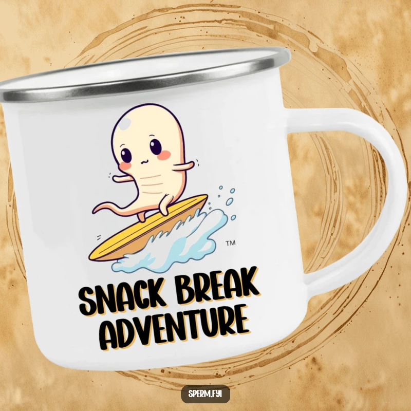 Funny sperm camping mug, a sperm wobbly while surfing a giant potato chip, durable humor.