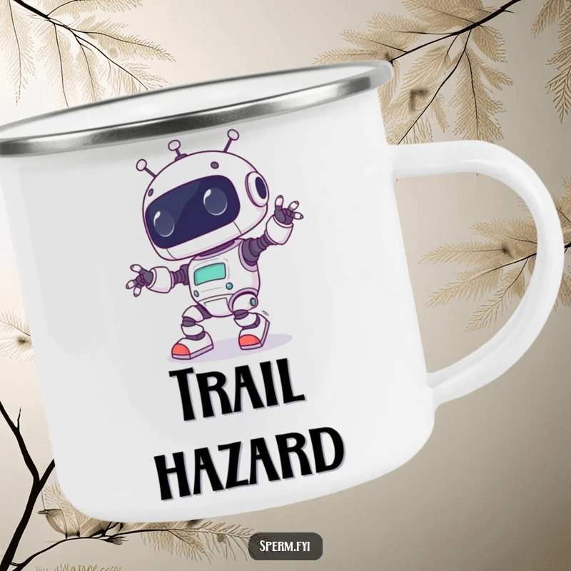 Funny Kawaii robot comically tripping over its own feet, designed for outdoor use on a durable camping mug, bringing smiles.
