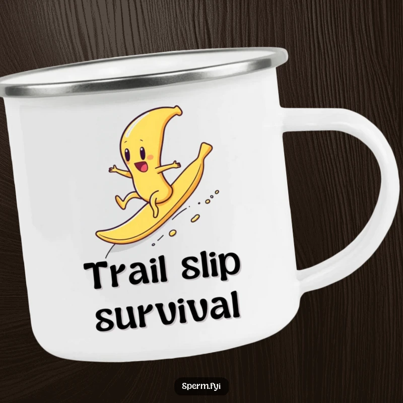 Funny enamel camping mug with a sperm character joyfully riding a banana peel downhill, perfect for adventurous campers.