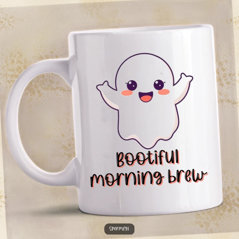 Funny Ghost Mug featuring a cheerful cartoon ghost floating and doing a joyful wobble, perfect for adding humor to any drink.