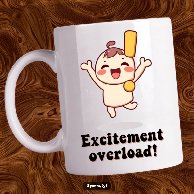 Funny Kawaii Character Mug: A cute character leaps with joy, holding a giant exclamation mark, radiating funny, ecstatic energy.