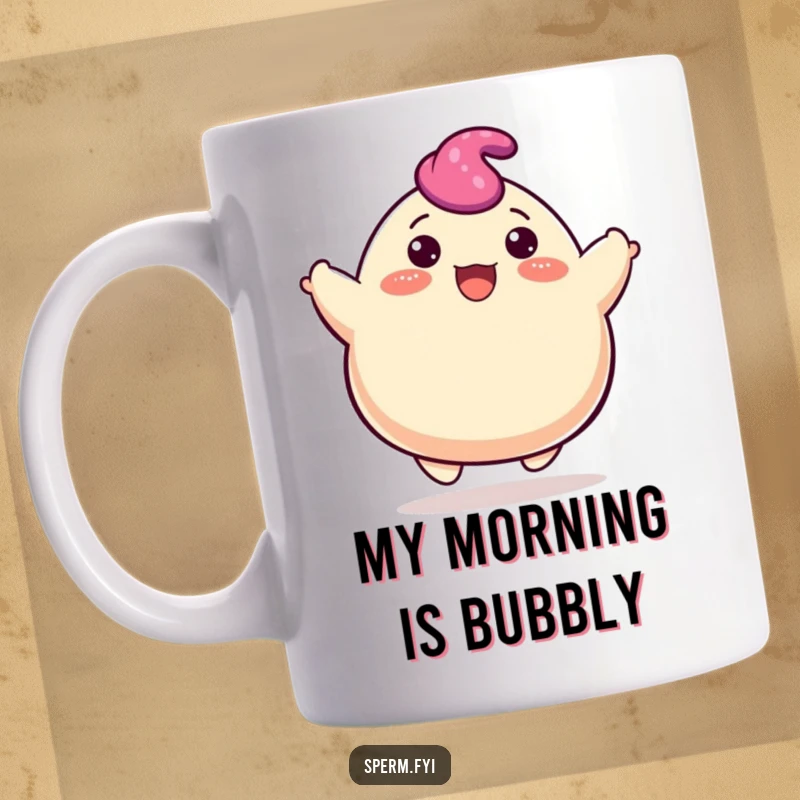 Funny blob mug showing a happy character cheerfully bouncing upwards with a big, infectious smile.
