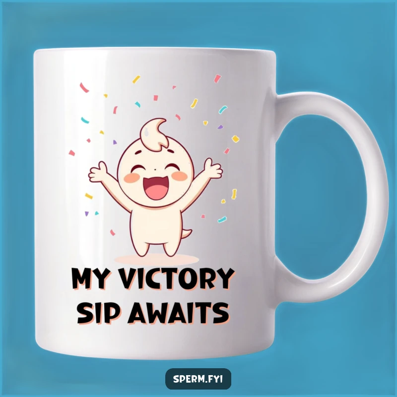 Funny Celebration Mug: Happy Character Cheering with Confetti, Perfect Funny Gift