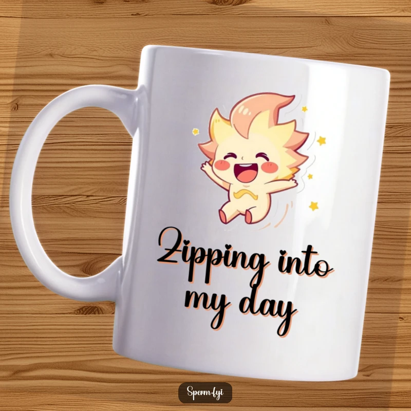 Funny mug featuring a joyous spark character zipping energetically through the air, symbolizing electricity and fun.