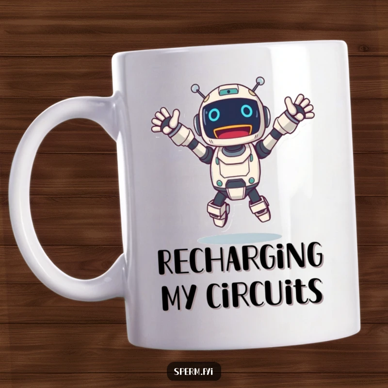 Funny robot mug featuring an excited character jumping with arms outstretched, full of electronic glee.