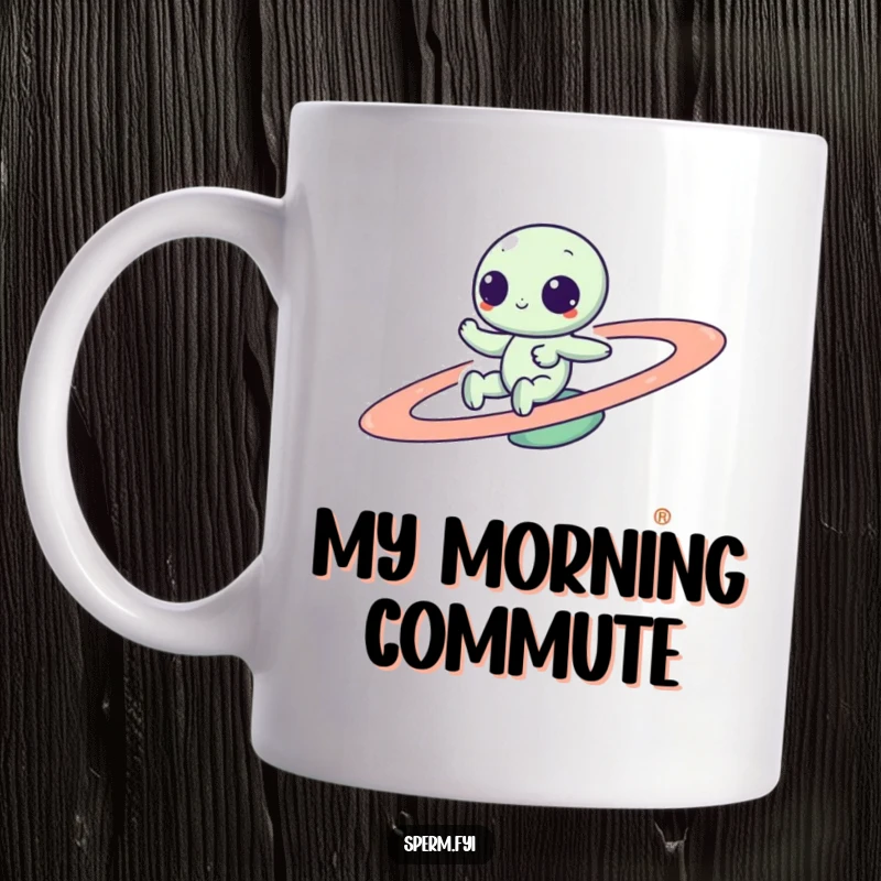 Funny Kawaii alien playfully zipping around a spinning planet, depicted with cheerful energy and cosmic mischief, making this mug a stellar gift.