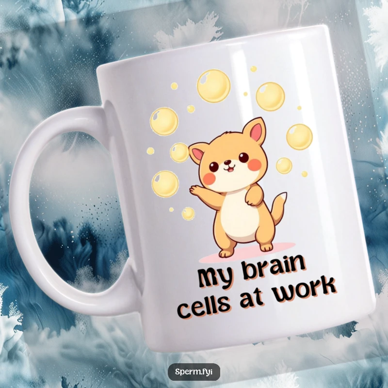 Funny Kawaii animal mug skillfully juggling glowing orbs with a focused, yet joyful expression, showcasing playful skill and vibrant energy.